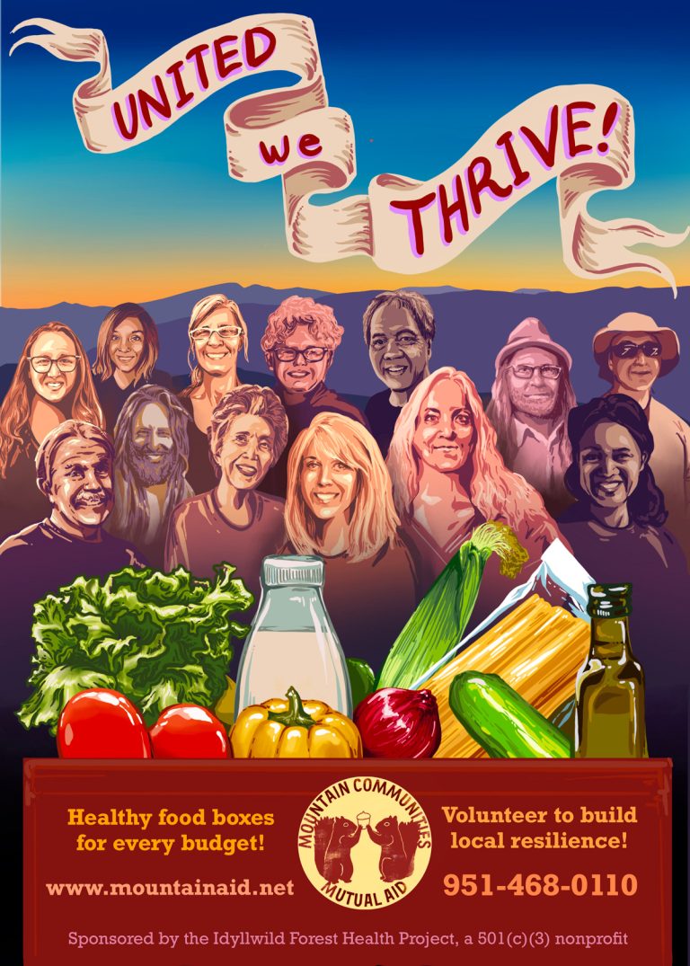 Illustration of Mountain Communities Mutual Aid members behind a box filled with food.